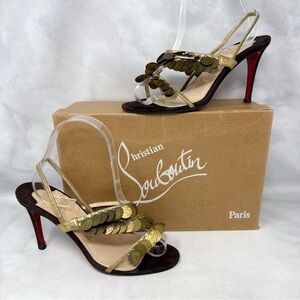 Christian Louboutin Esmeralda Vintage 90s Y2K Suede Gold Coin Sandal Heels 37.5